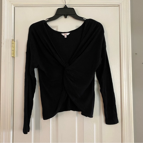 Candies Ribbed Black Front Twist Crop Top Small Long Sleeve V Neck Sweater - Picture 1 of 10